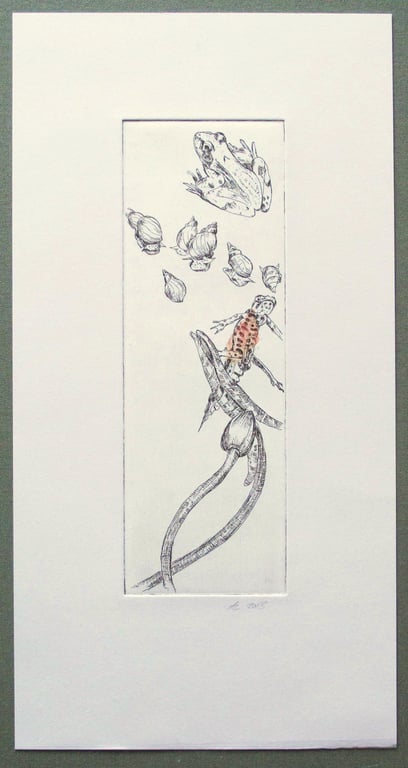 In the Pond  Original Etching with hand coloured Chine Collé