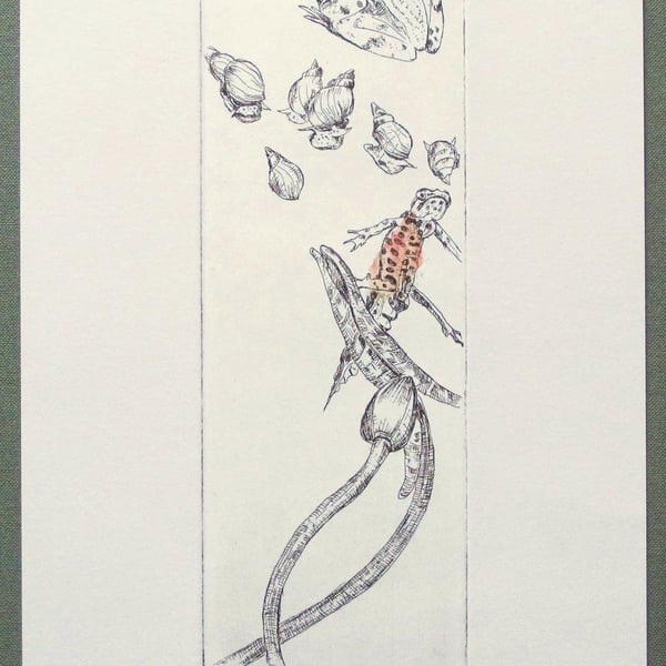 In the Pond  Original Etching with hand coloured Chine Collé