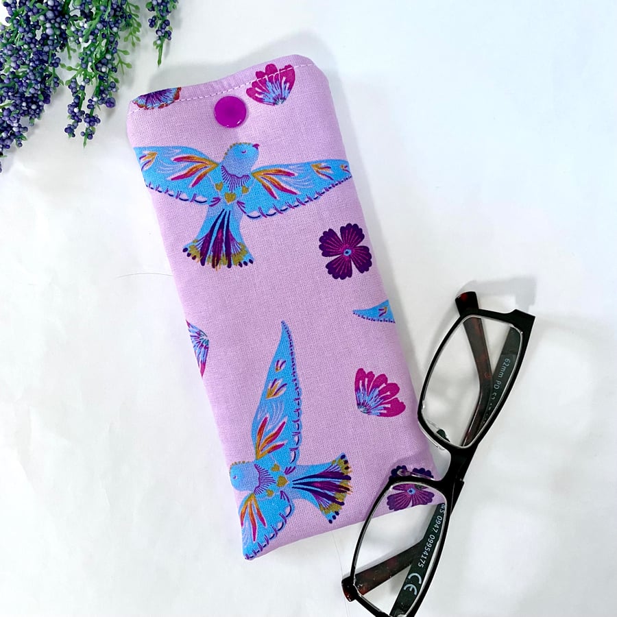 Glasses Case Soft Pouch Bird Of Paradise Purple Fabric Lined with Popper