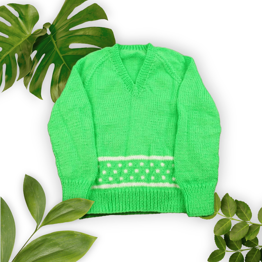 Hand knitted boys girls v neck jumper bright green white pattern Seconds Sunday