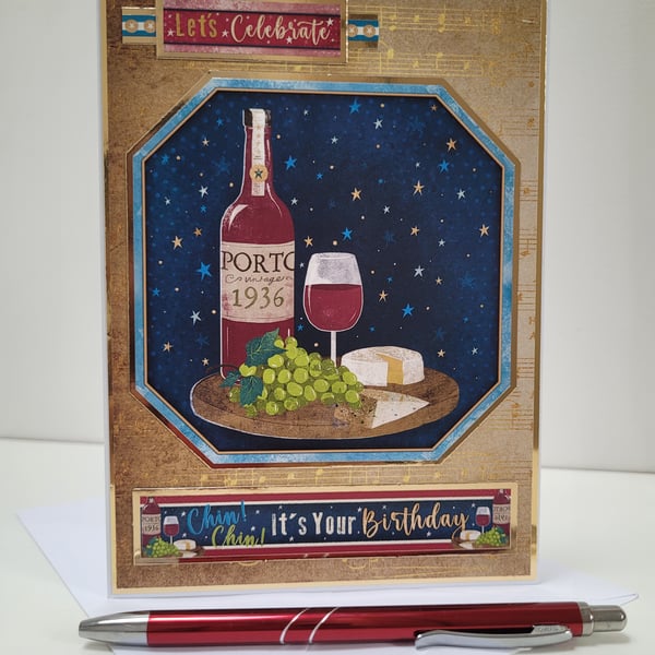 Vintage Port Wine Birthday Card – Wine Lover Handmade Card 