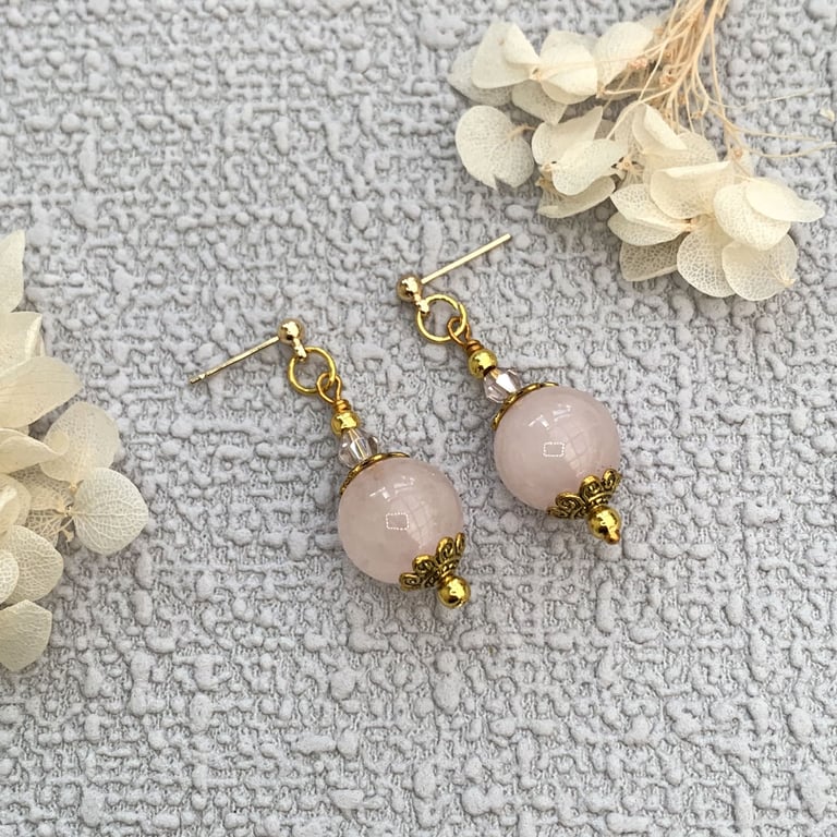 Rose Quartz Gemstone and Gold Vintage Style Drop Earrings