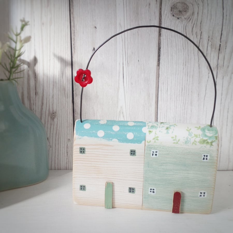 SALE - Little Wooden Hanging Houses with Flower Button