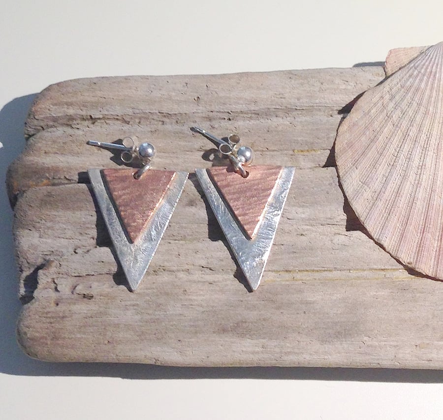 Copper with Sterling Sliver Triangular Earrings - UK Free Post