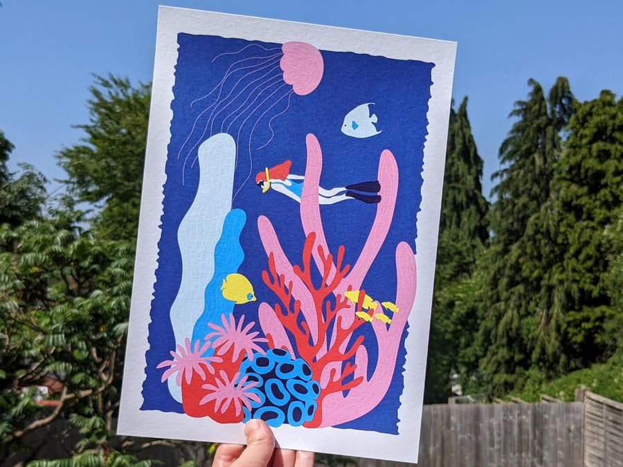 A4 Coral reef scuba diver art print