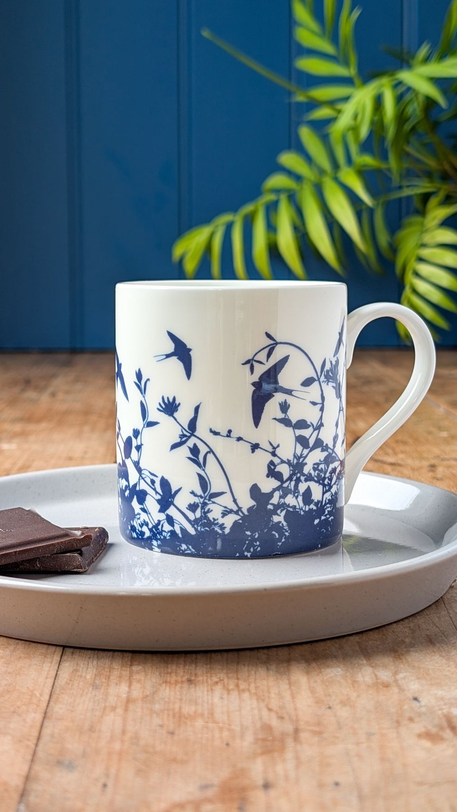 Fine china Swallows and honeysuckle mug. New 2026. Blue & white fine bone china.