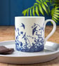 Fine china Swallows and honeysuckle mug. New 2026. Blue & white fine bone china.