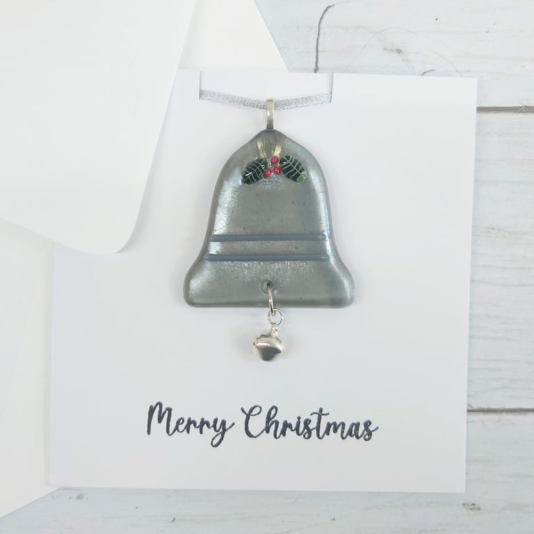 Merry Christmas Card with Festive Silver Bell Christmas Decoration