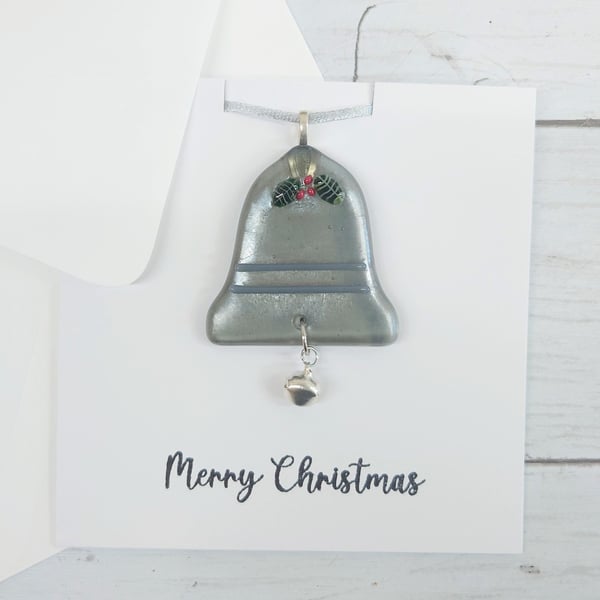Merry Christmas Card with Festive Silver Bell Christmas Decoration