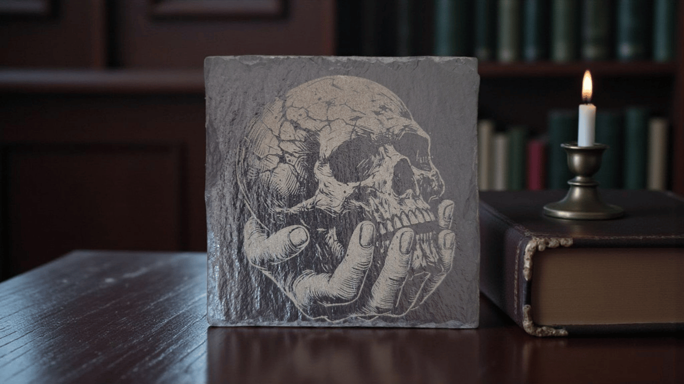 Engraved Skull in Hand Slate Coaster – Gothic & Occult Decor