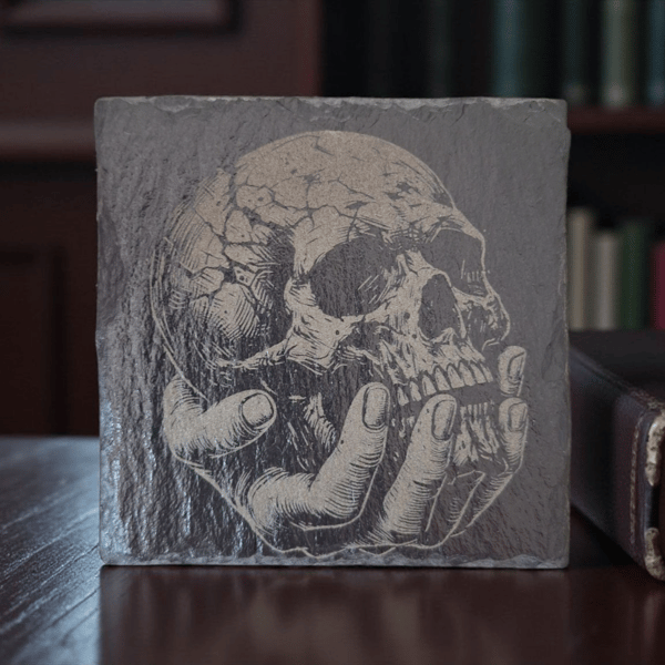 Engraved Skull in Hand Slate Coaster – Gothic & Occult Decor