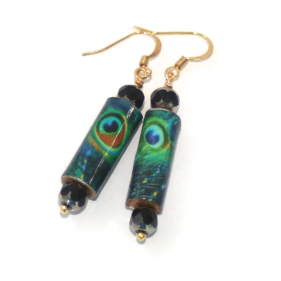 Peacock paper bead earrings