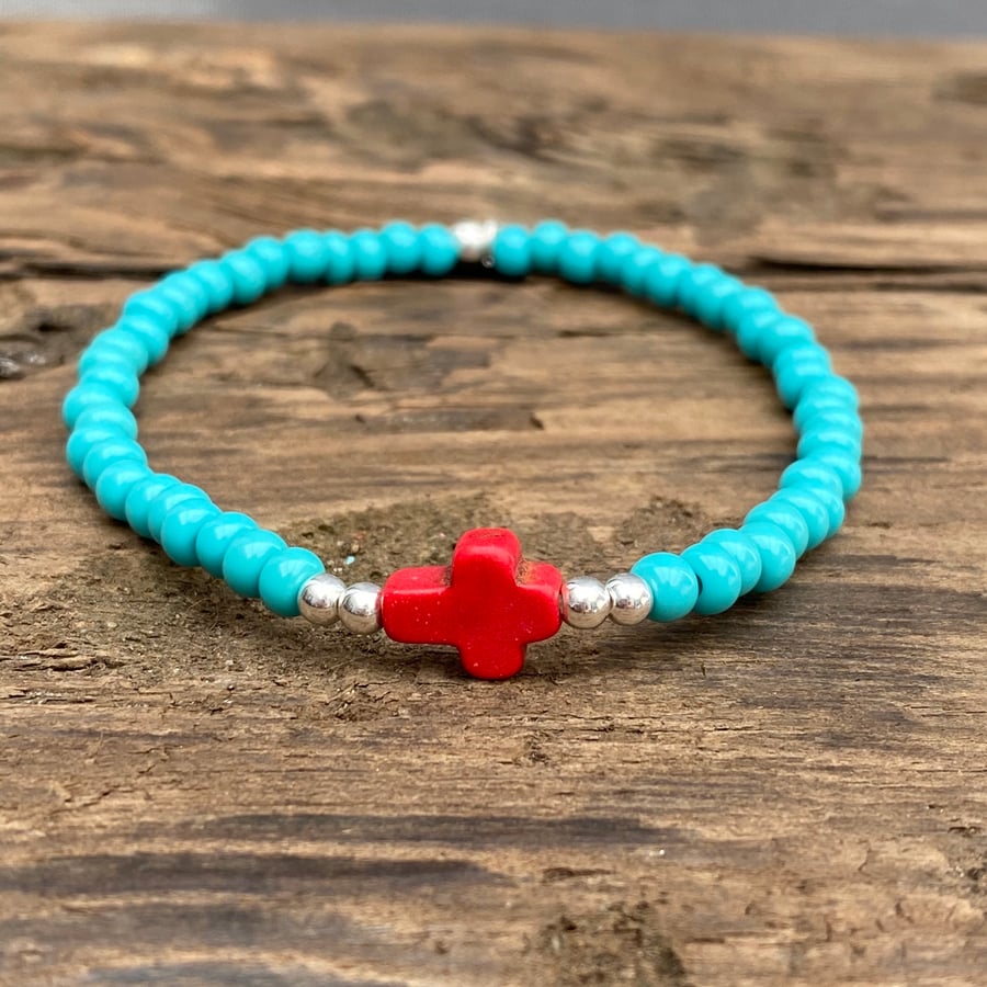 Red howlite cross and turquoise seed bead bracelet 