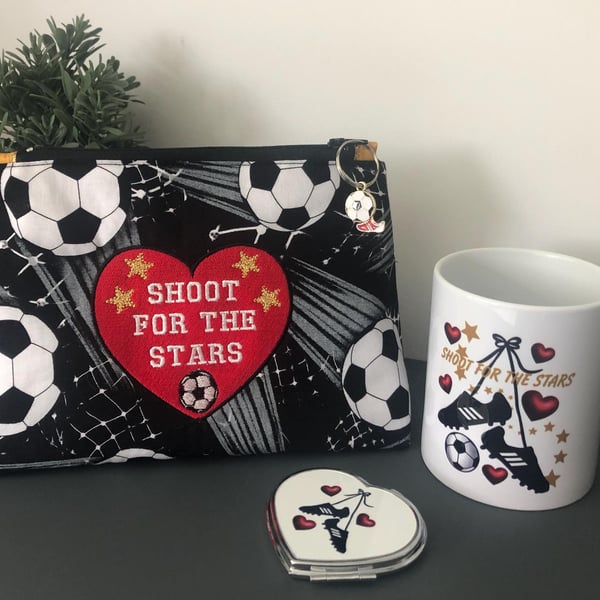 Football Girls Makeup Bag Handmade - Makeup Pot & Mirror Women's Football Gift, 