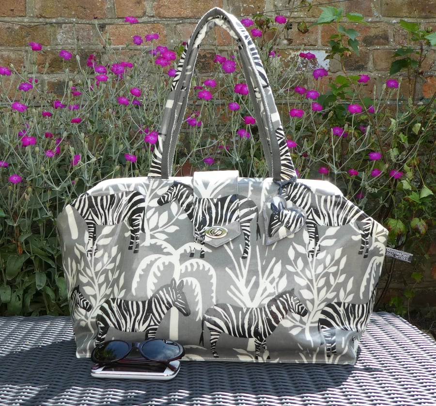Zebra Print Oilcloth Large Framed 'Mary Poppins'  Style Bag or Holdall