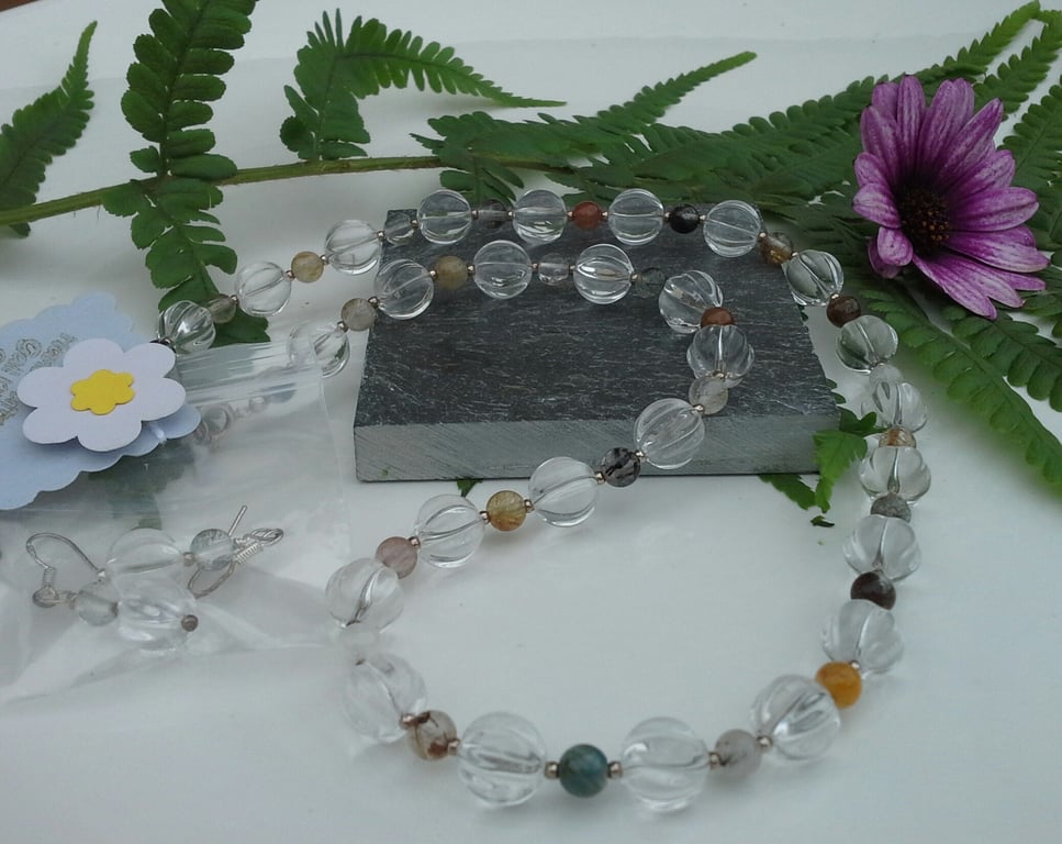 Faceted Diamond White & Multicoloured Quartz Necklace & Earrings Set 925 silver