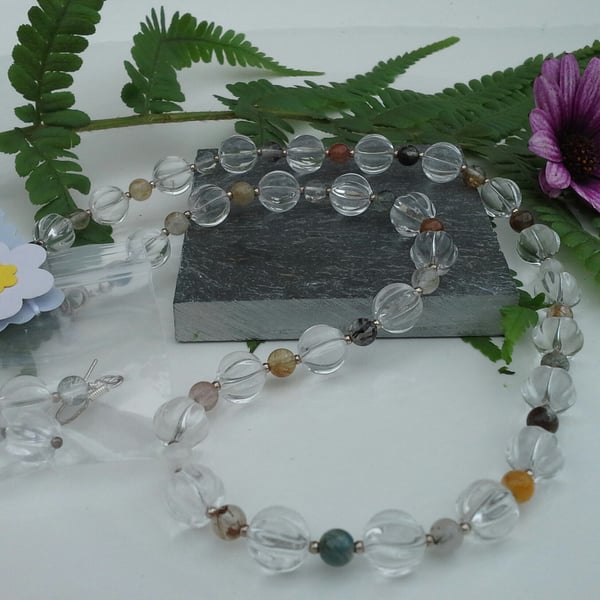 Faceted Diamond White & Multicoloured Quartz Necklace & Earrings Set 925 silver