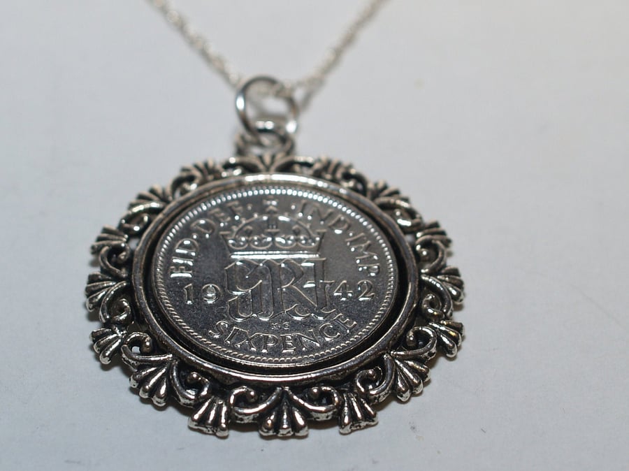 Ornate Pendant 1944 Lucky sixpence 77th Birthday plus a Sterling Silver 18in Cha