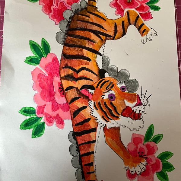 A4 print of a Chinese tiger in felt tip