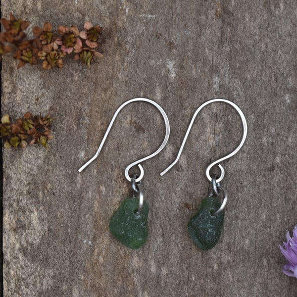 Scottish Sea Glass and Recycled Sterling Silver Everyday Earrings, Dark Green