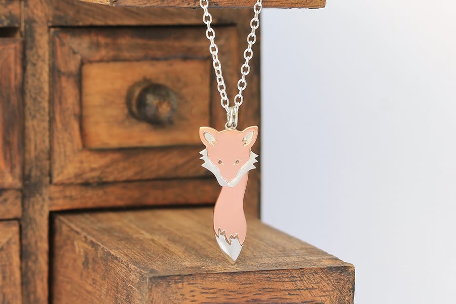 Silver Fox Head & Tail Necklace - Silver & Copper Fox Necklace 
