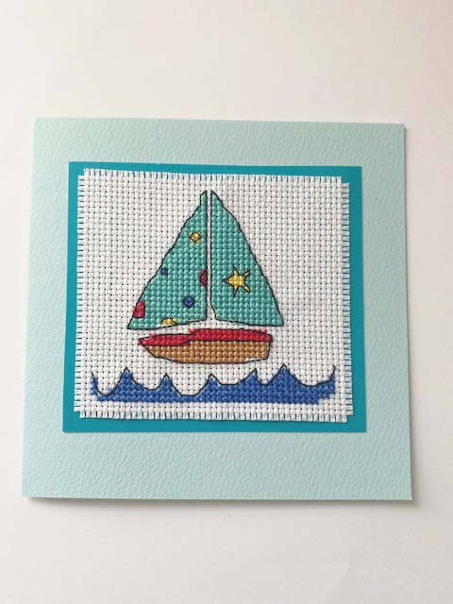Sailing Boat Cross Stitch Card - Blank for your Own Message