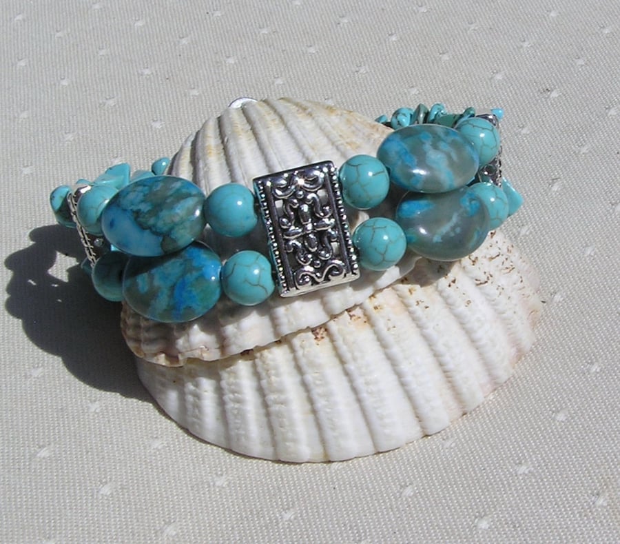 Blue Agate & Turquoise Magnesite Gemstone Chunky Cuff Bracelet "Tropical Dream"