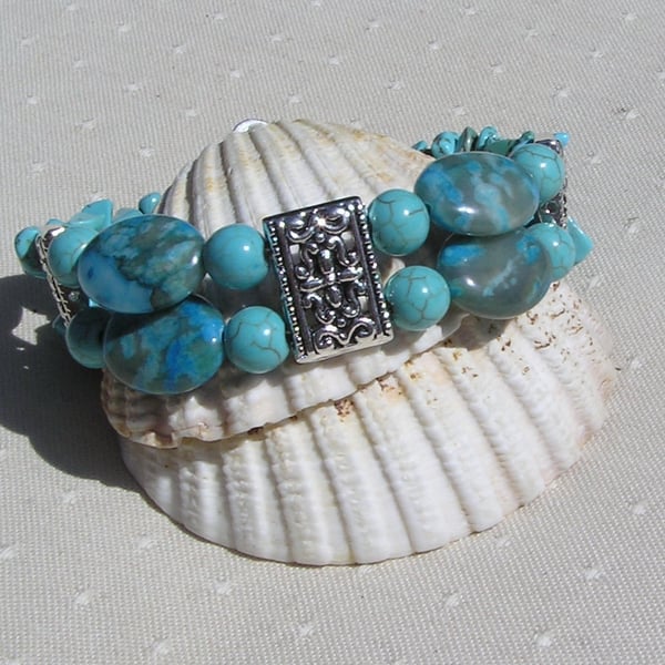 Blue Agate & Turquoise Magnesite Gemstone Chunky Cuff Bracelet "Tropical Dream"