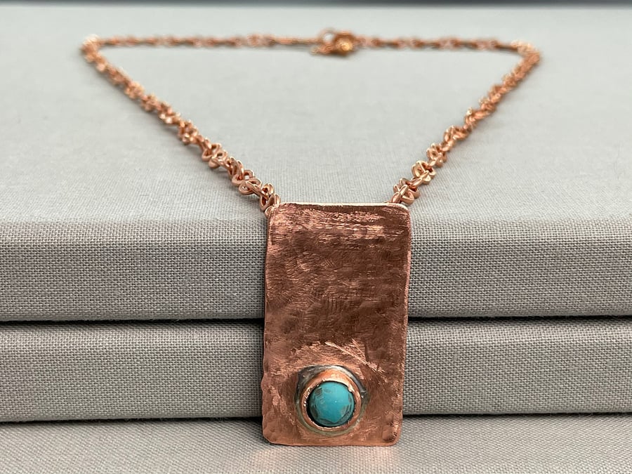 Rustic Hammered Copper Boho Pendant Necklace with Bezel Set Magnesite - Unisex