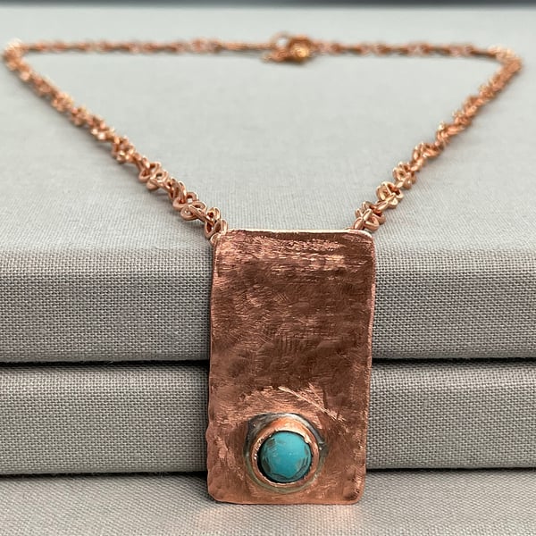 Rustic Hammered Copper Boho Pendant Necklace with Bezel Set Magnesite - Unisex