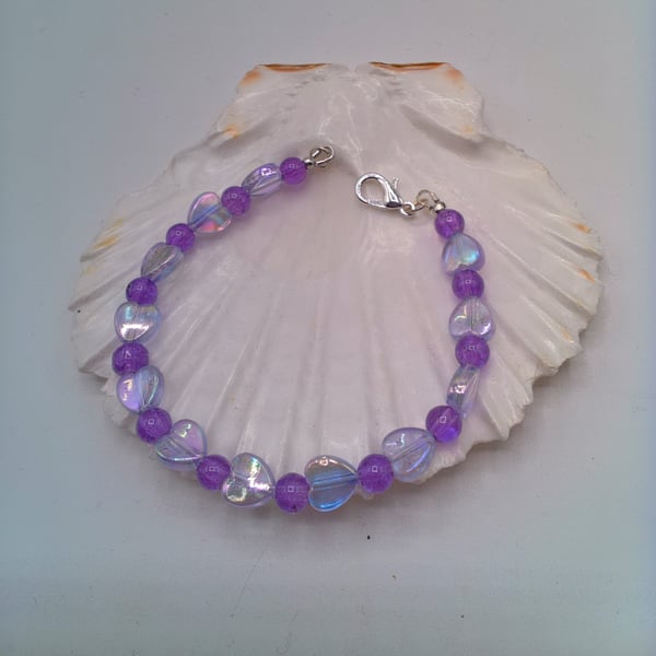 Purple Heart and Crackle Bead Bracelet, Valentine Gift, Heart Bracelet