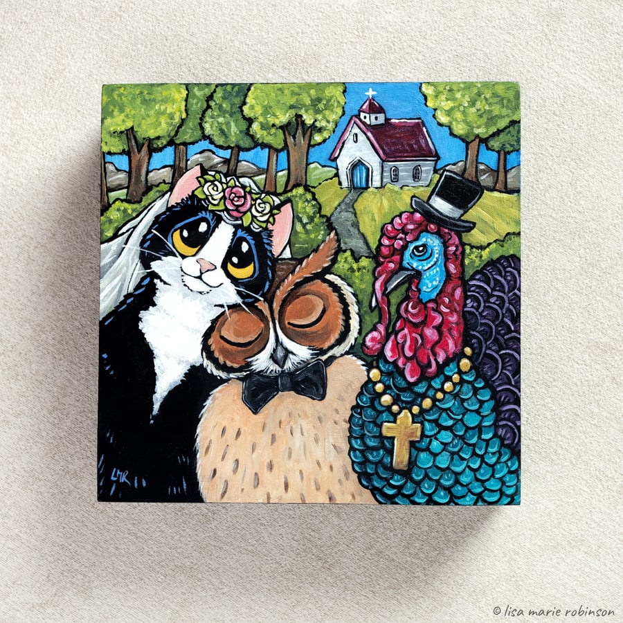 SALE - Owl & the Pussycat Marry - Original Acrylic Painting on Wood - 6x6 Inch