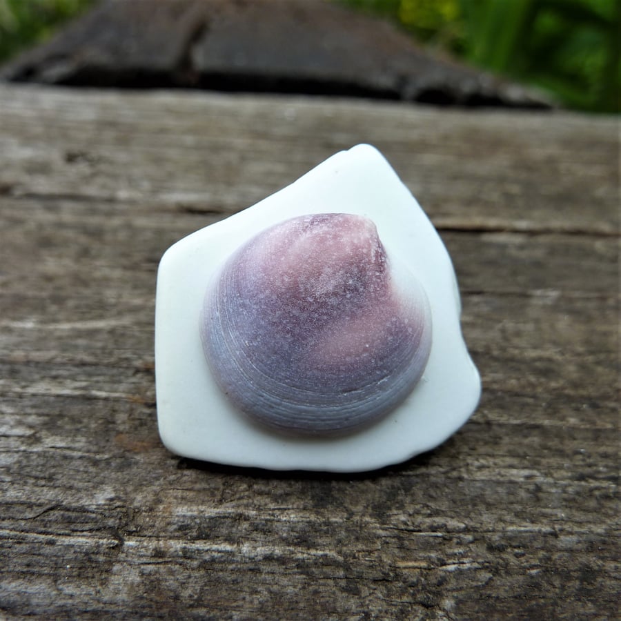 Brooch - white beach pottery with pink, purple and white seashell