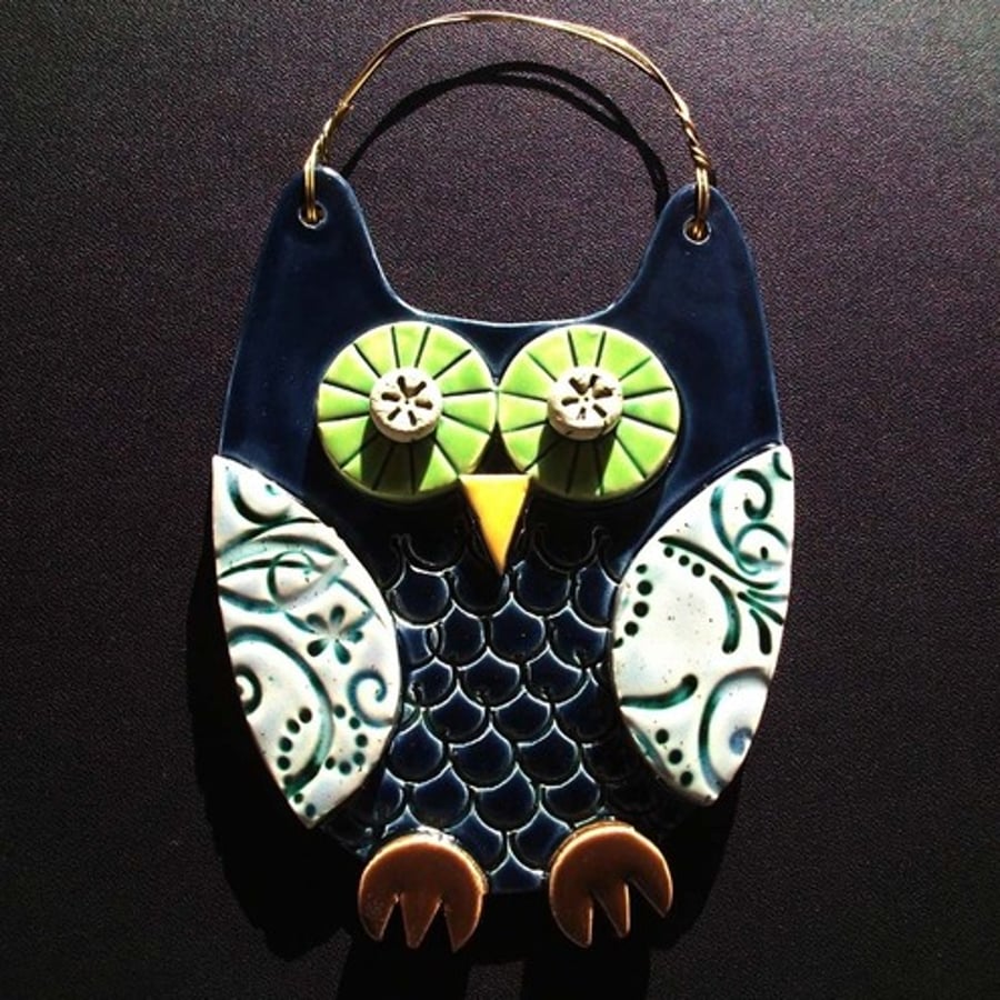 Dark Blue Owl ceramic hanging decoration 