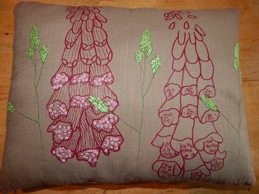 Stone colour linen with Foxgloves -  screen printed small cushion. 33cm x 26cm