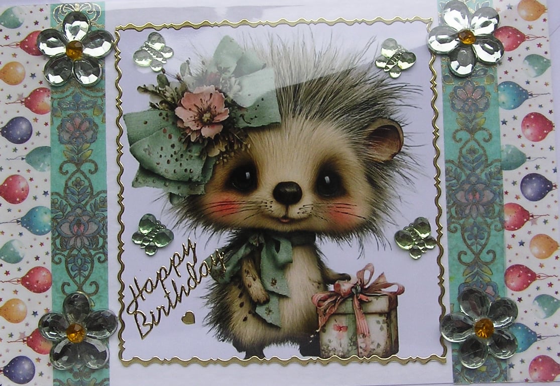 Cute Hedgehog - Hand Crafted Decoupage Greeting Birthday Card - 3291