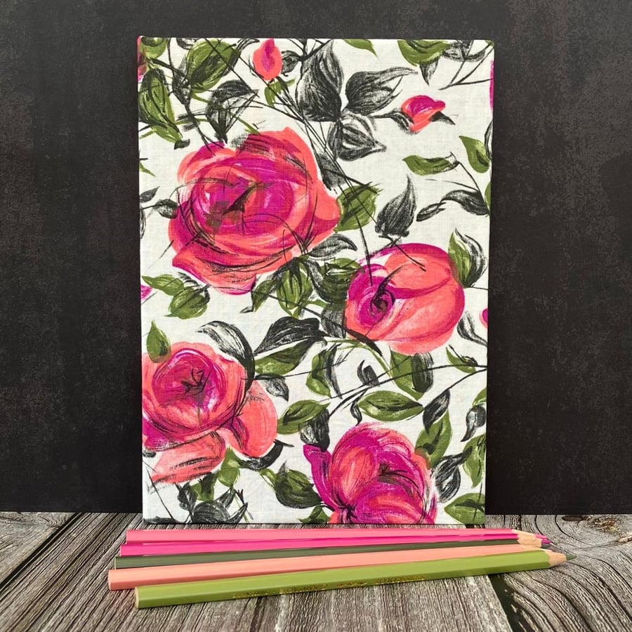 Pink Painterly Roses Hand Stitched A5 1950s Vintage Fabric Journal, Sketchbook