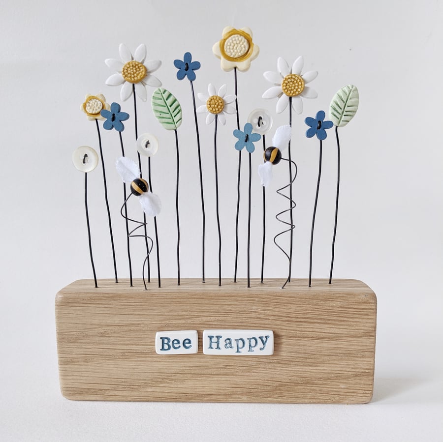 Clay and Button Daisy Flower Garden with Bees in an Oak Wood Block 'Bee Happy'