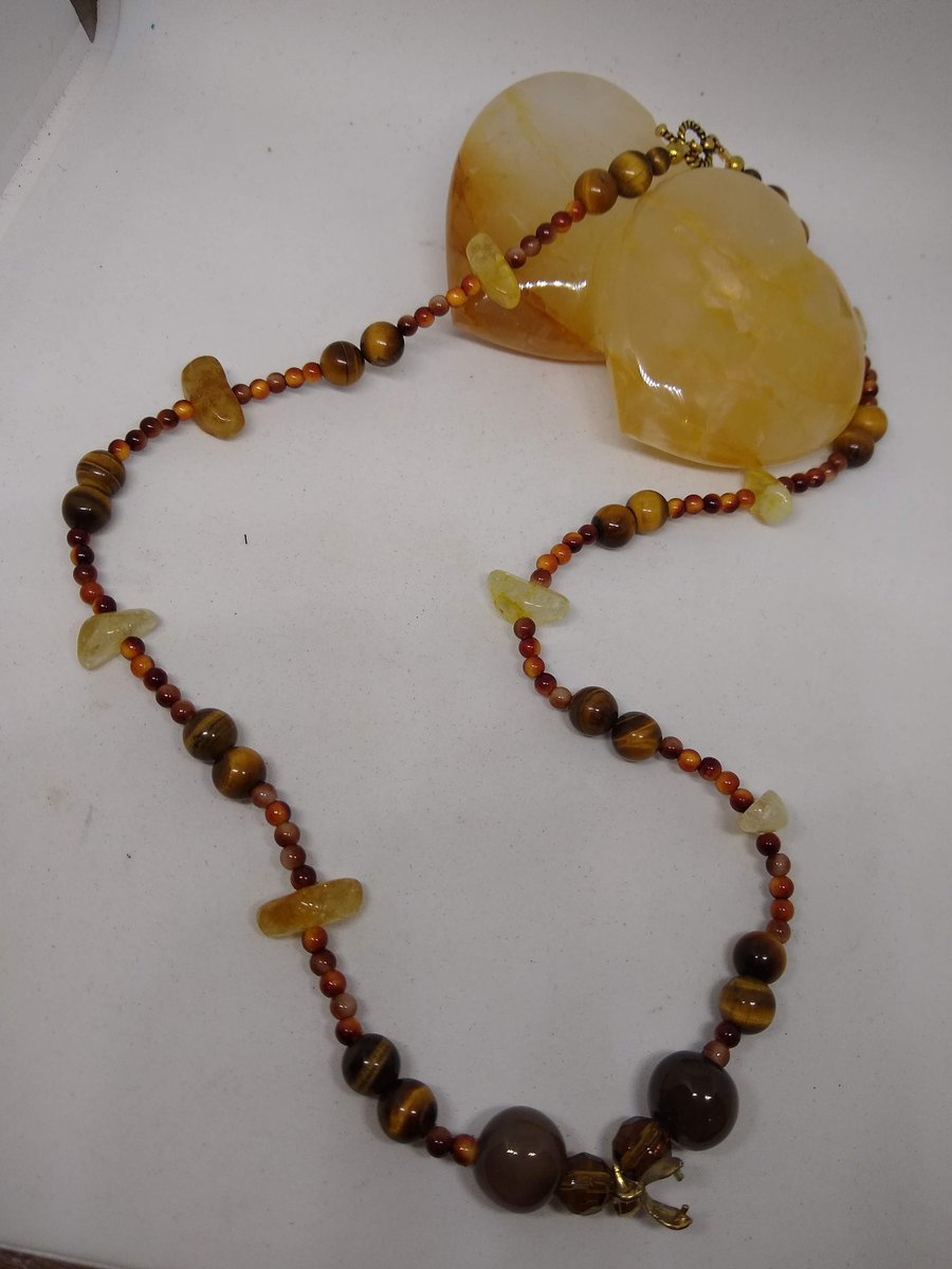 Semi Precious Stone Tiger Eye and Citrine Necklace with vintage Toggle Clasp