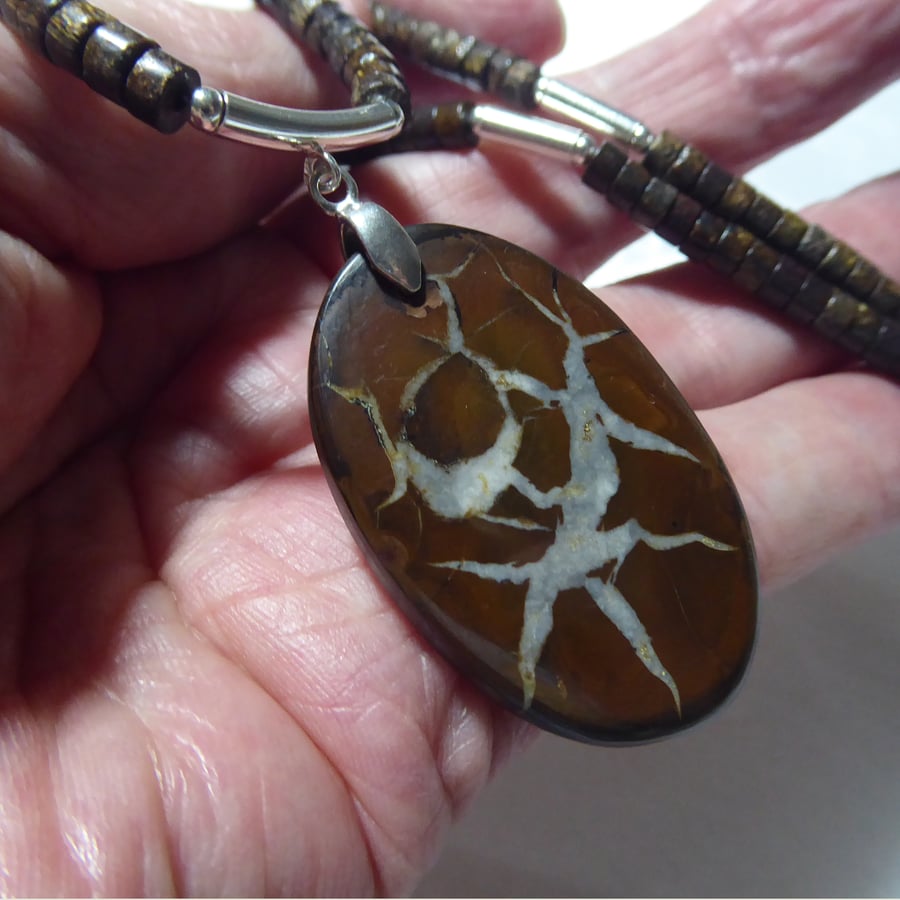 Sterling Silver Necklace with Bronzite Gemstones, Black Septarian Oval Pendant  
