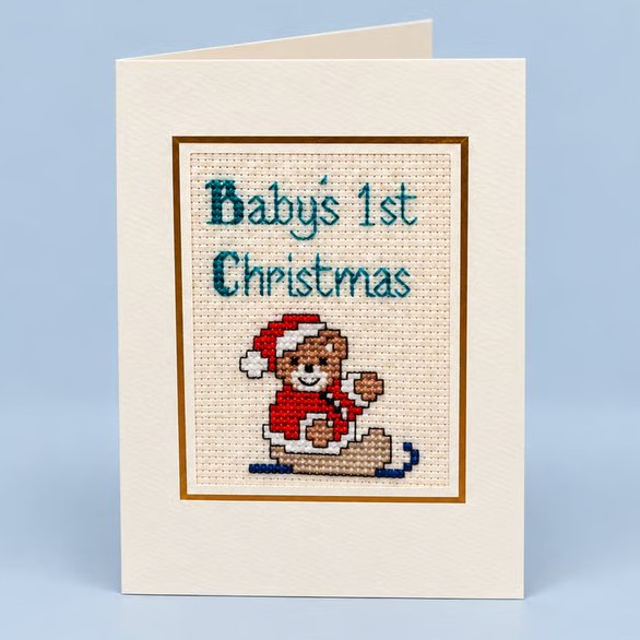 Baby's First Christmas Handmade Cross Stitch Card – Baby Santa – 6 x 4 Inch