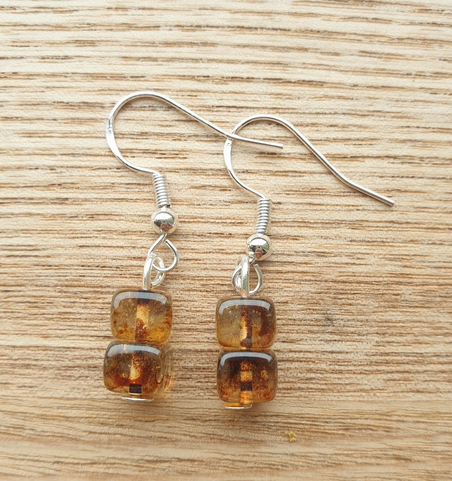 'Whisky' Recycled Glass Double Cube Bead Earrings on Sterling Silver Wires