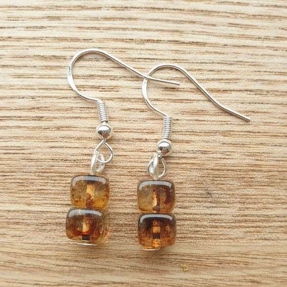 'Whisky' Recycled Glass Double Cube Bead Earrings on Sterling Silver Wires