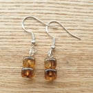 'Whisky' Recycled Glass Double Cube Bead Earrings on 925 Silver-Plated Ear Wires