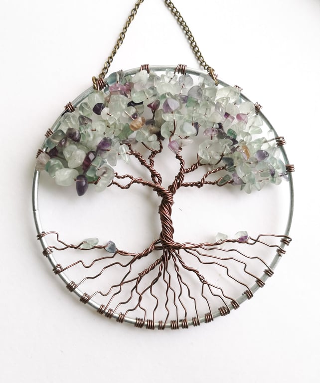 Fluorite Tree of life Sun Catcher, Wire wrapped tree ornament, window decoration