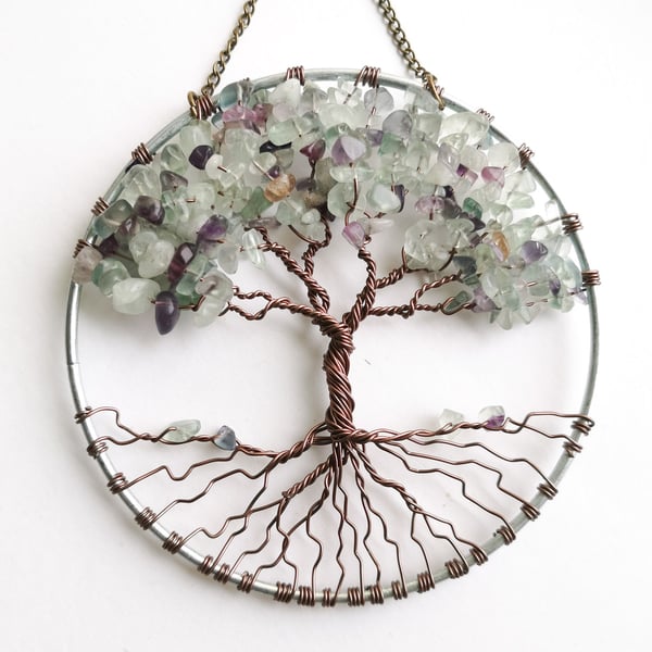 Fluorite Tree of life suncatcher, Wire wrapped tree ornament