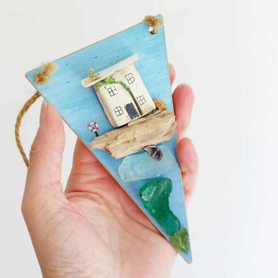 Driftwood Miniature Cottage Hanging Decoration with Sea Glass and Beach Finds