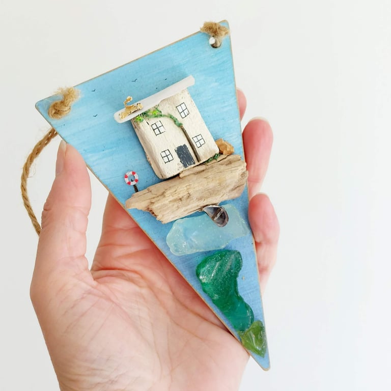 Driftwood Miniature Cottage Hanging Decoration with Sea Glass and Beach Finds