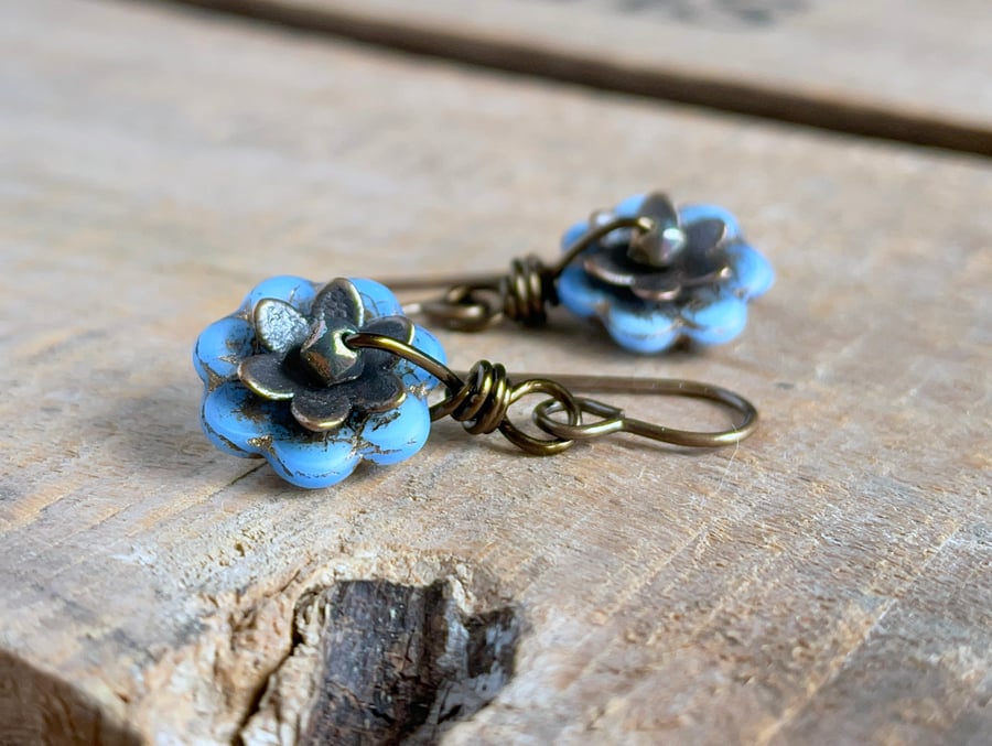 Pastel Blue Czech Glass Flower Earrings. Petite Floral Earrings. Nature Earrings