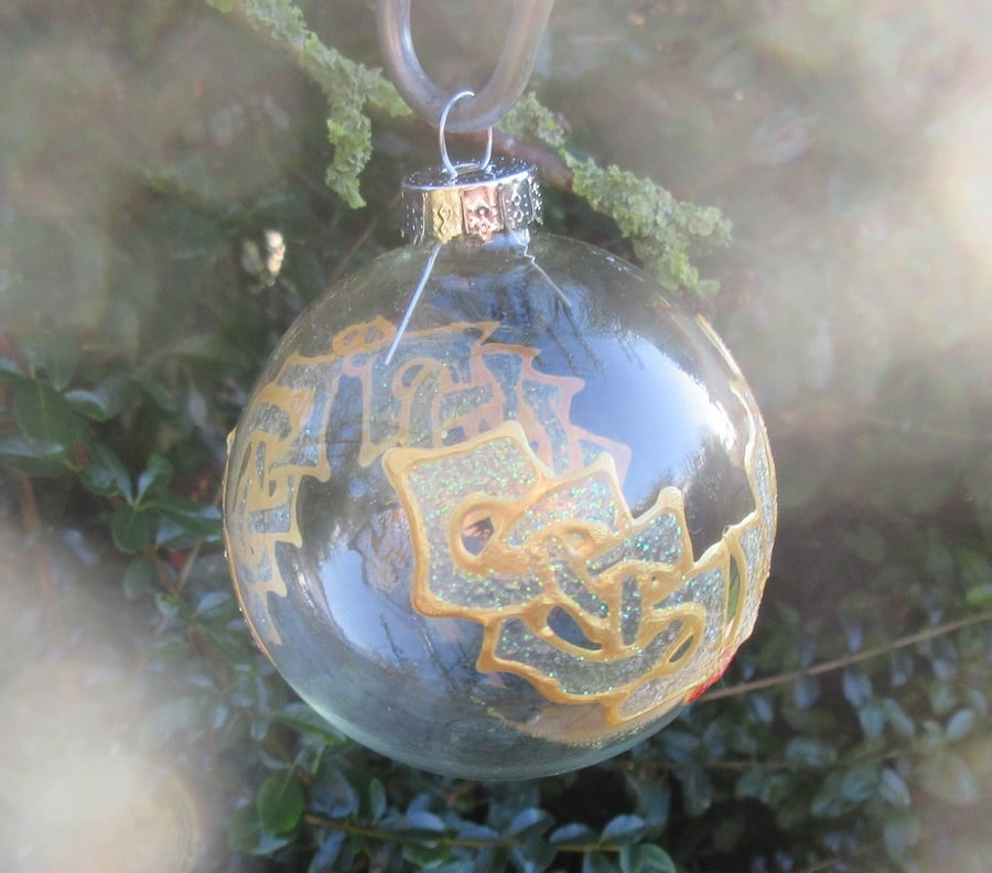 Clear Glass Bauble with hand painted Celtic Knot Holly leaves